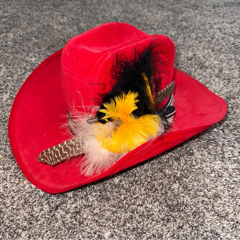 Vintage 60s 70s AJD Red Suede Feathers Western Cowboy Hat Women’s Small Made US